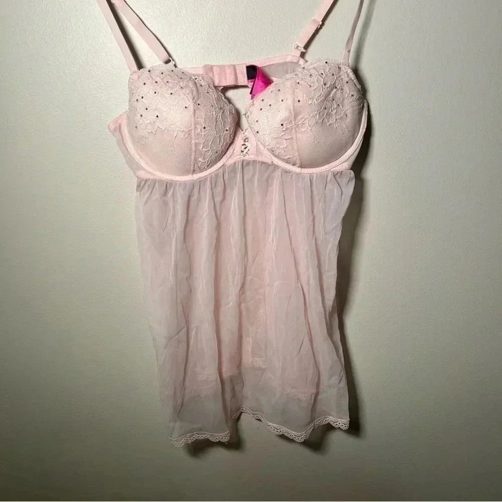 La Senza baby pink and rhinestone baby doll chemise L - Picture 4 of 7